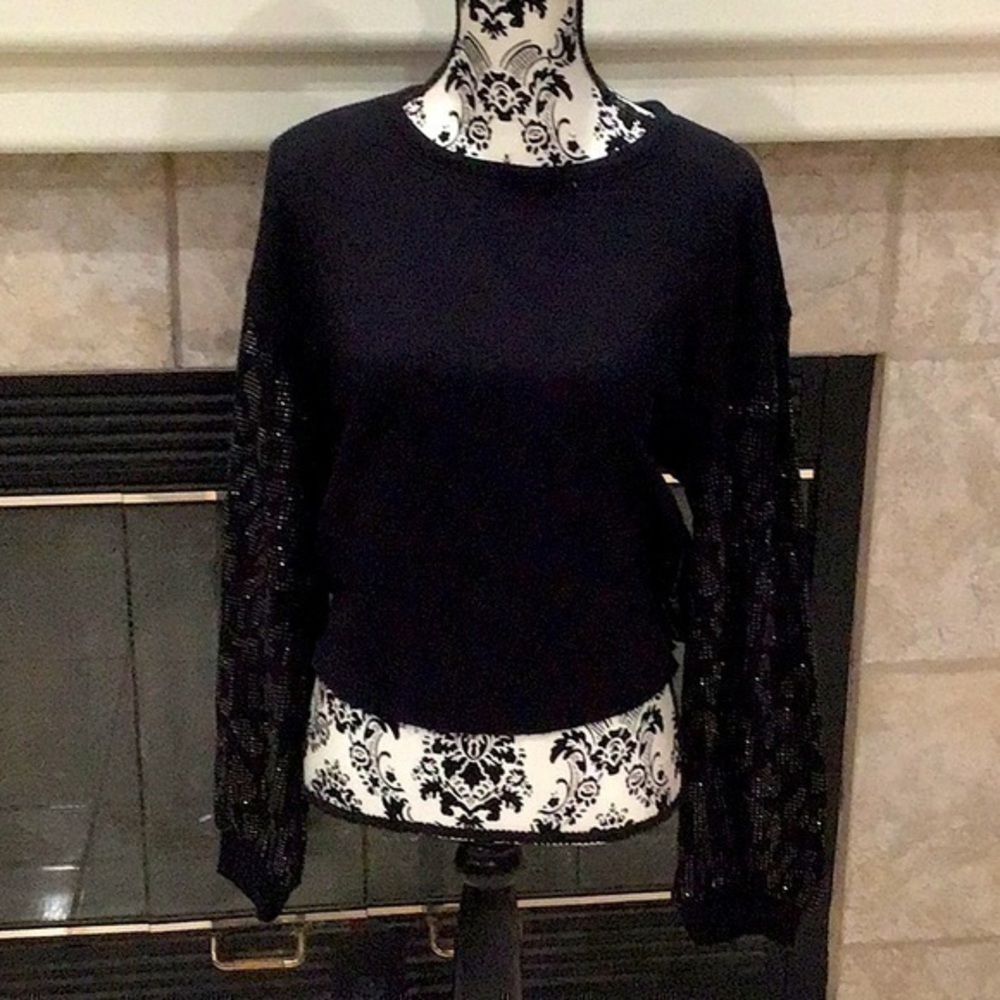 INC Women Sweatshirt Deep Black Size L Studded Sleeve Pullover